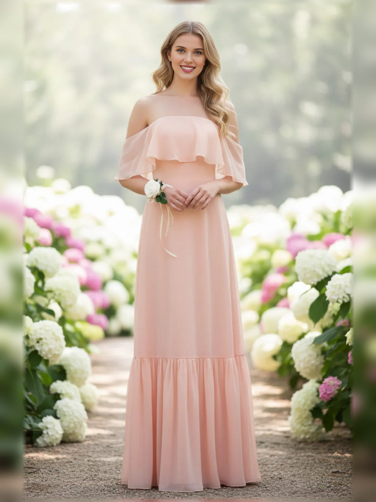 Apricot floor-length bridesmaid dress, front view showing the a-line silhouette