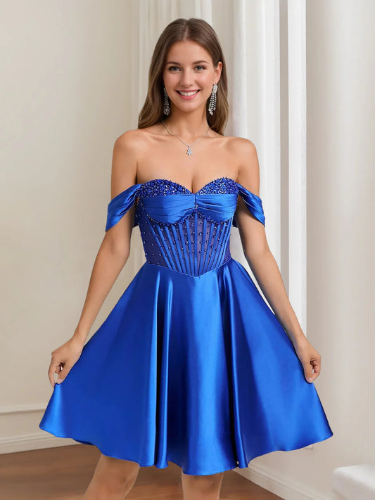 Cobalt Blue knee-length homecoming dress, alternate view showing the full-length silhouette