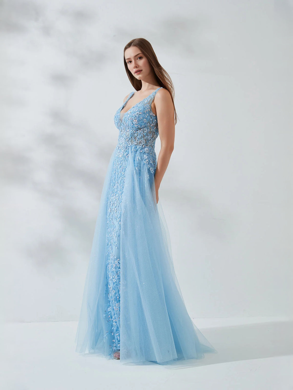 Light Blue maxi prom dress, front view showing the a-line silhouette
