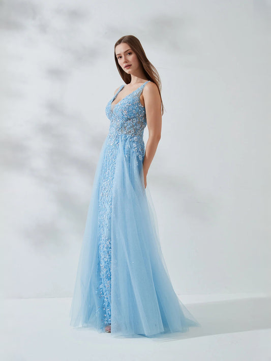 Light Blue maxi prom dress, front view showing the a-line silhouette