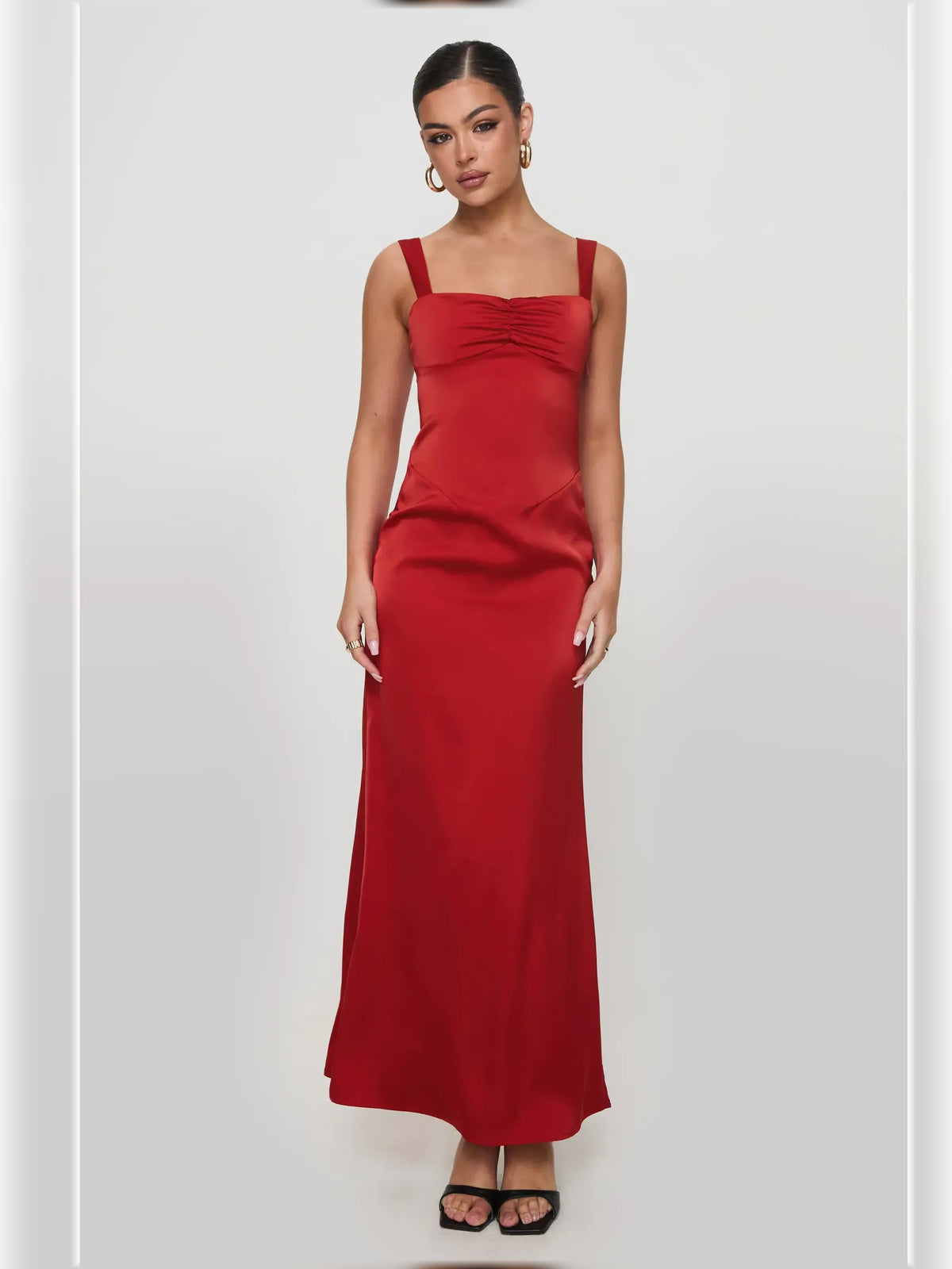 Red midi formal dress with square neckline, full-length front view