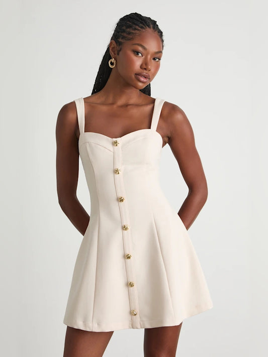 Cream mini homecoming dress, front view showing the silhouette