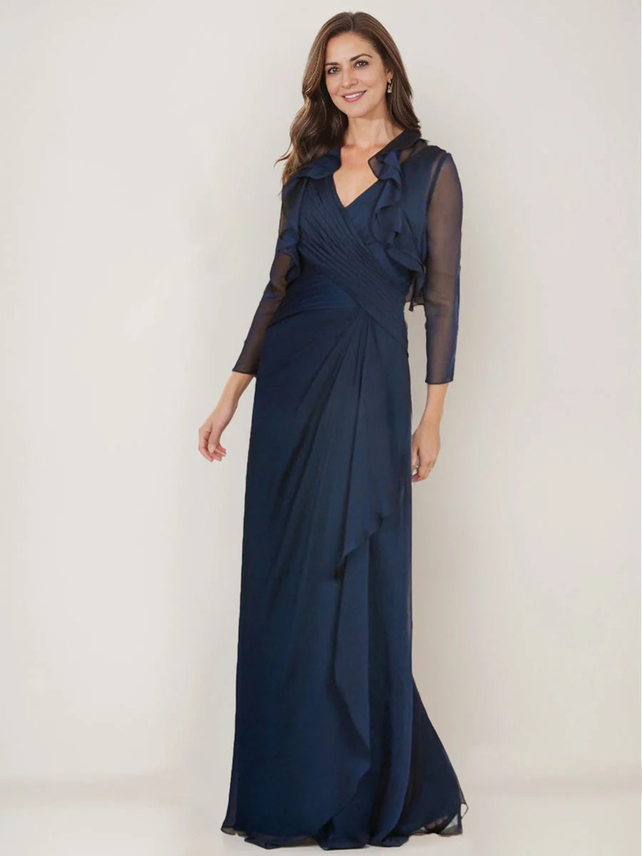 Dark Blue floor-length mother of the bride dress, front view showing the sheath silhouette