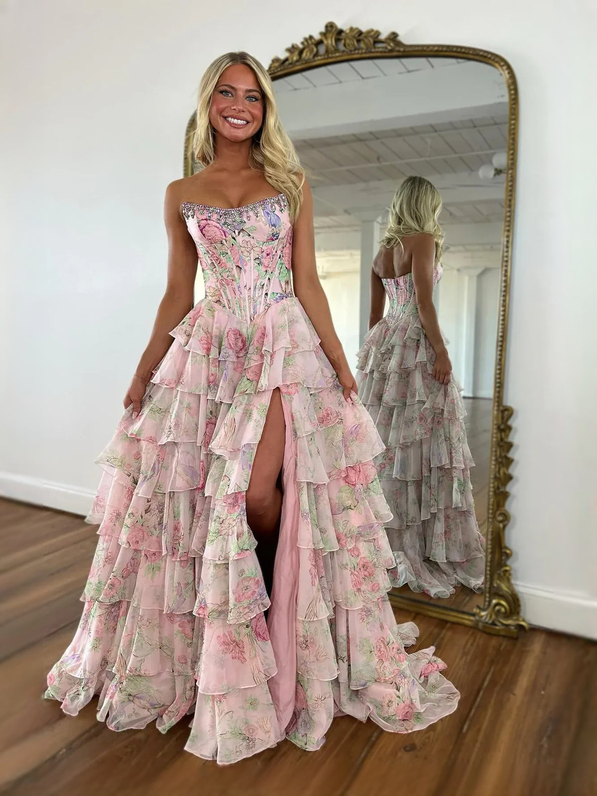 Blue floor-length prom dress, front view showing the a-line silhouette