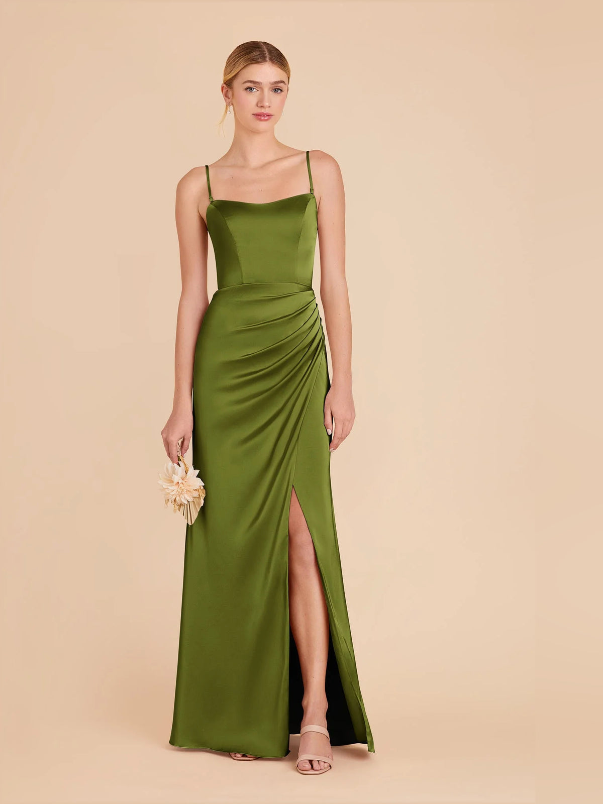 Olive Green maxi bridesmaid dress, front view showing the bodycon silhouette