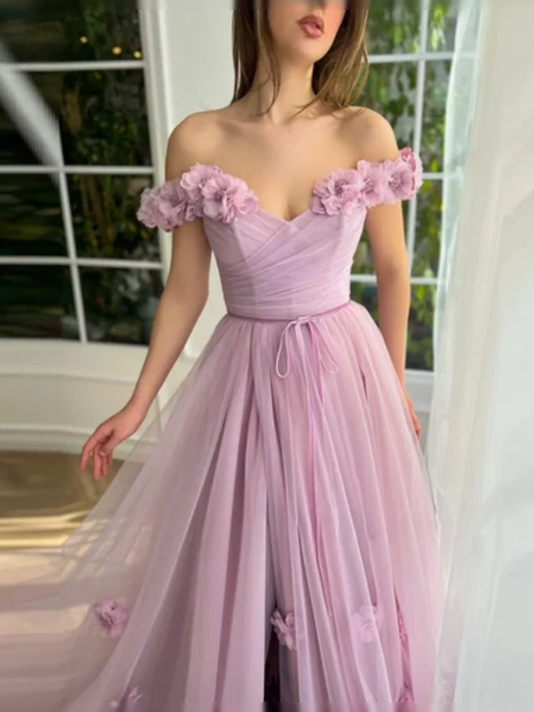 Lilac floor-length prom dress, front view showing the a-line silhouette