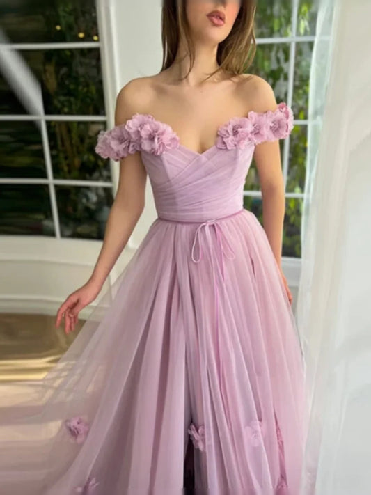 Lilac floor-length prom dress, front view showing the a-line silhouette
