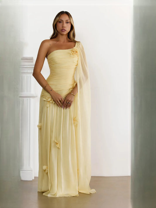 Daffodil maxi prom dress, front view showing the a-line silhouette