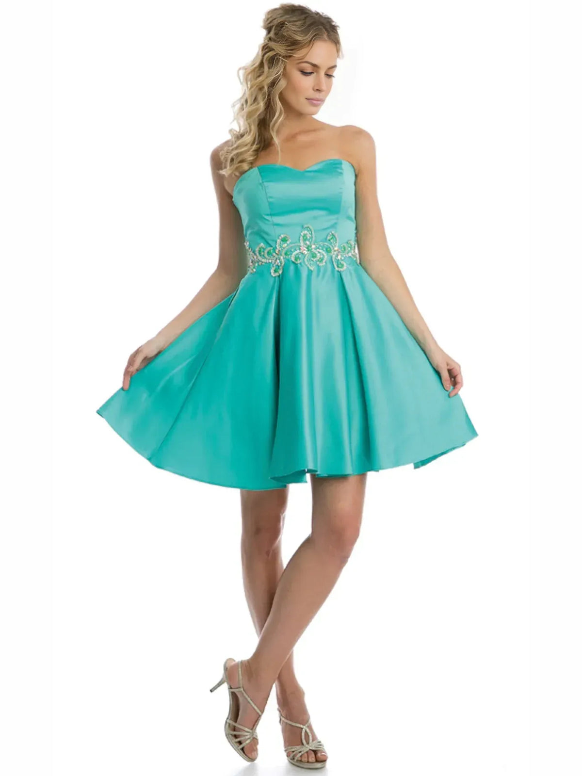 Turquoise short homecoming dress, alternate view showing the full-length silhouette