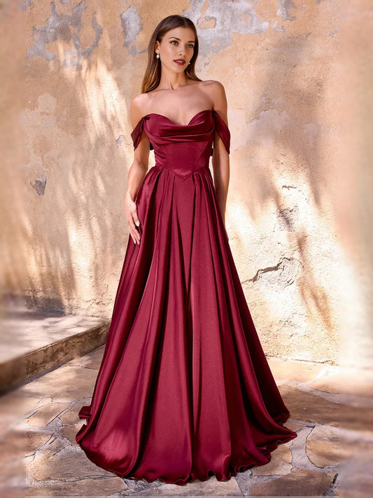 Burgundy floor-length prom dress, front view showing the a-line silhouette