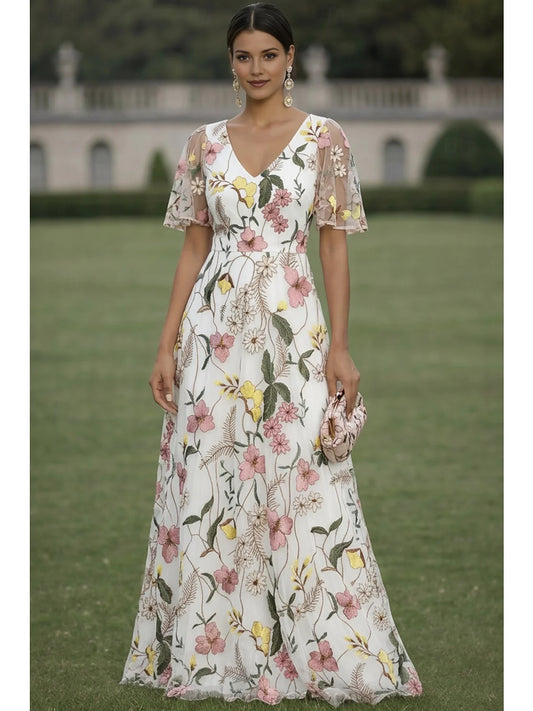 White a-line maxi formal dress with V-neckline, full-length front view