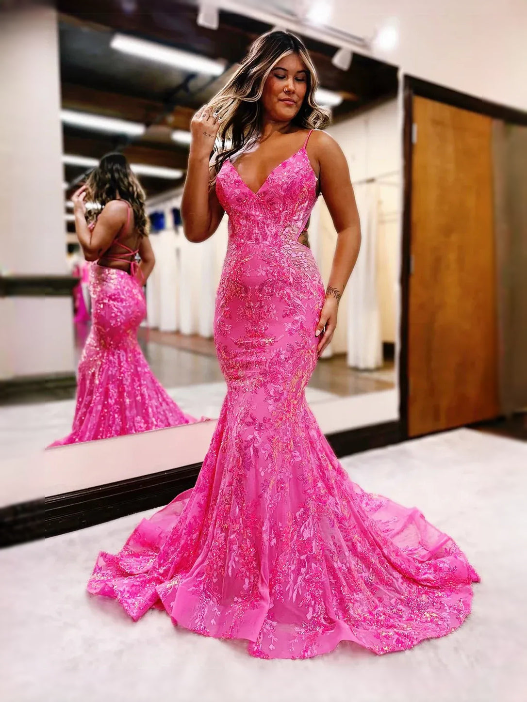 Hot Pink maxi prom dress, front view showing the mermaid silhouette