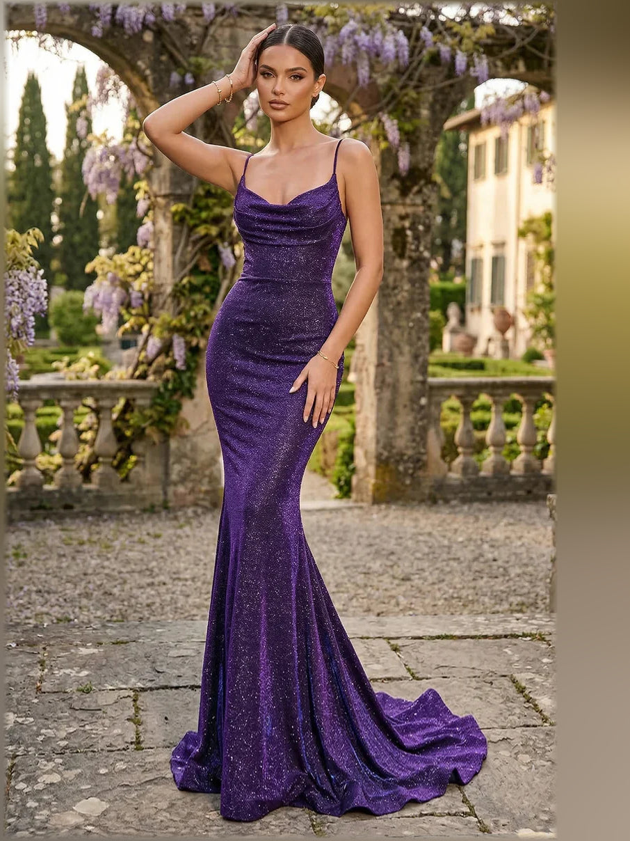 Purple mermaid floor-length formal dress with cowl neckline, full-length front view