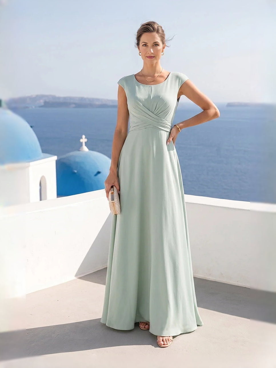 Dusty Sage floor-length mother of the bride dress, front view showing the a-line silhouette