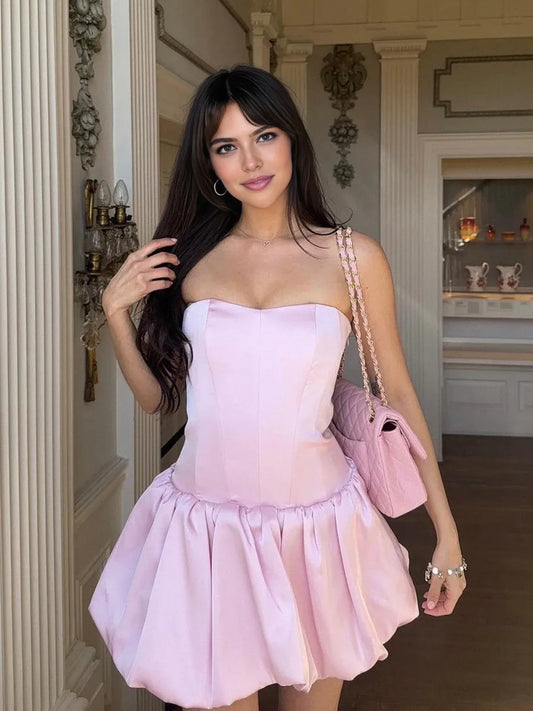 Pink mini homecoming dress, alternate view showing the full-length silhouette