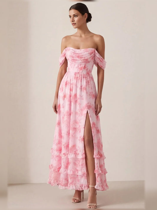 Floral a-line maxi formal dress with off-the-shoulder neckline, full-length front view