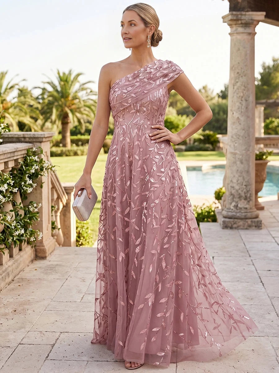 Dusty Rose maxi mother of the bride dress, front view showing the a-line silhouette