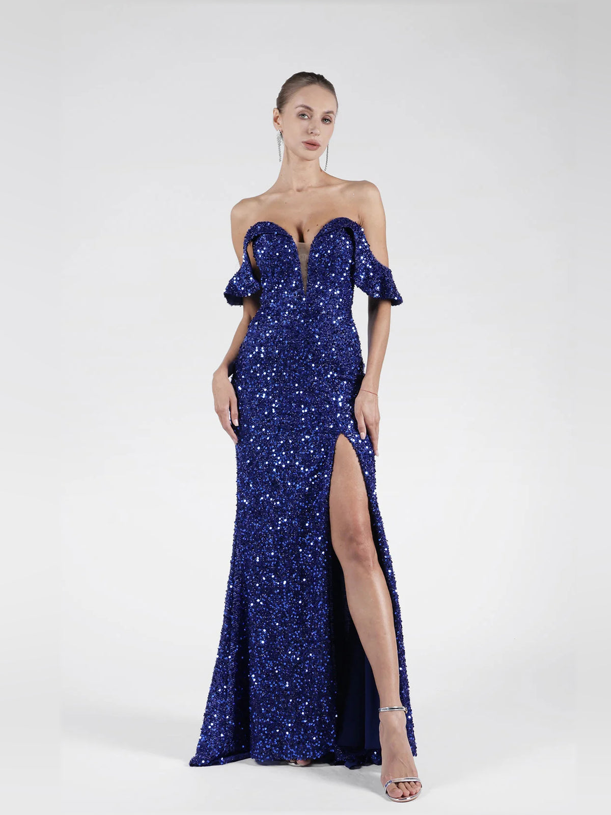 Dark Blue mermaid floor-length formal dress with off-the-shoulder neckline, full-length front view