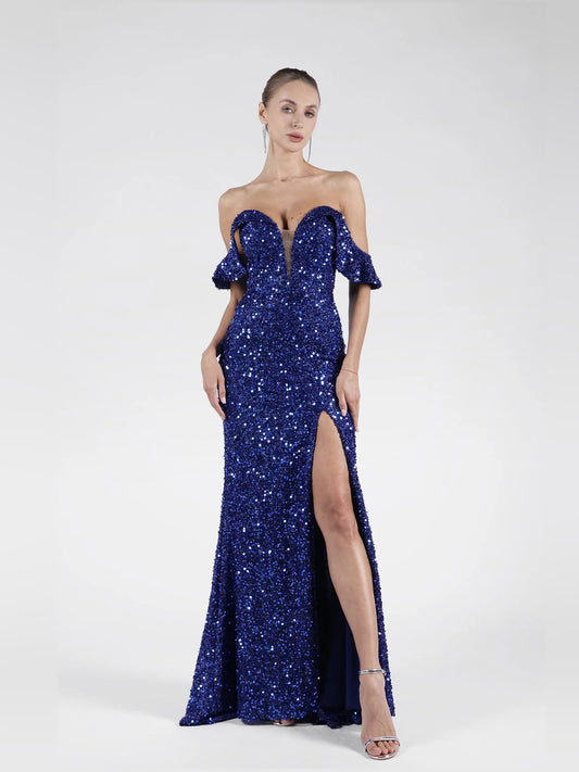 Dark Blue mermaid floor-length formal dress with off-the-shoulder neckline, full-length front view