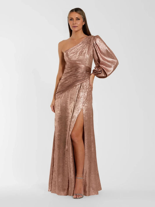 Mocha Gold floor-length mother of the bride dress, front view showing the sheath silhouette