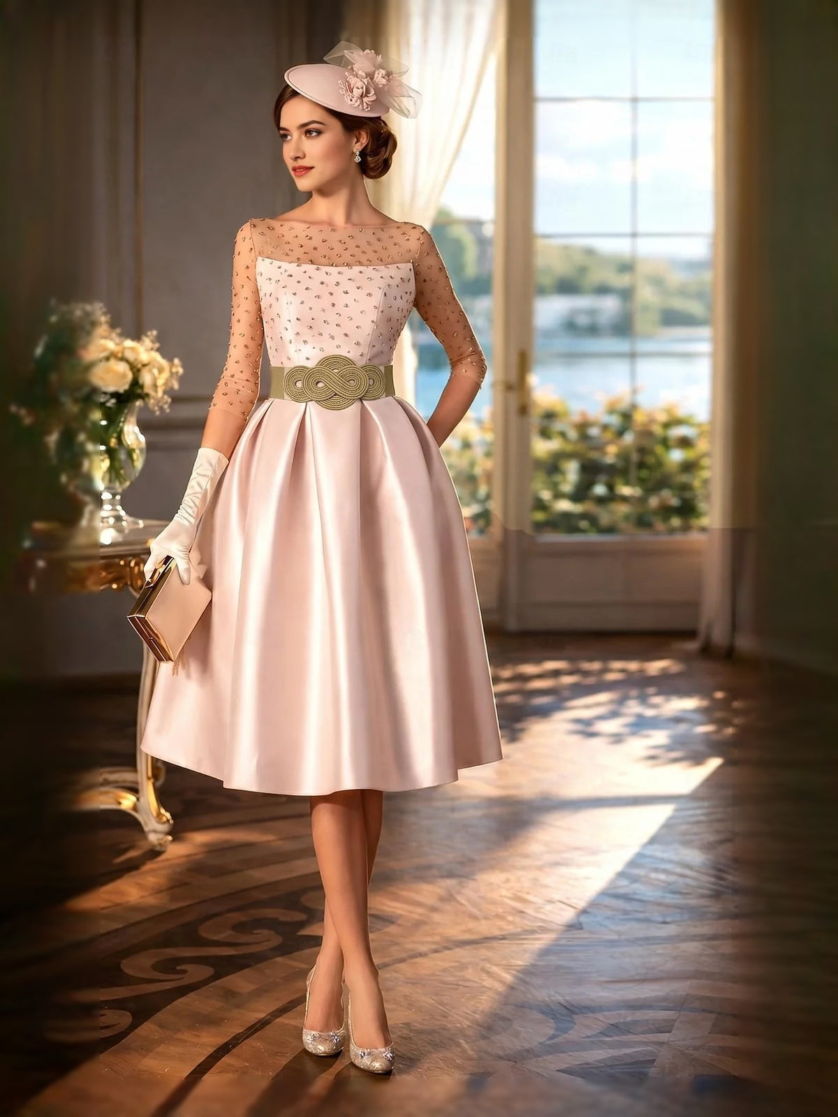 Blush Pink midi prom dress, front view showing the a-line silhouette