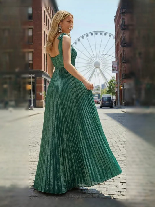 Green maxi prom dress, front view showing the a-line silhouette