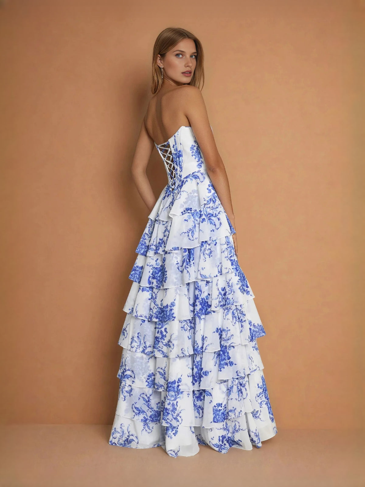 Blue maxi prom dress, front view showing the a-line silhouette