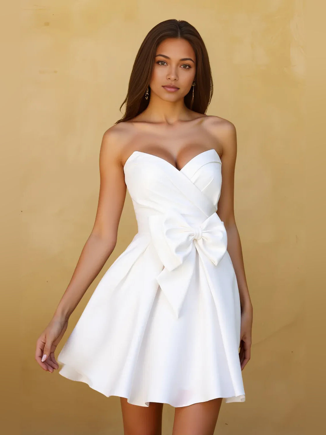 White mini homecoming dress, alternate view showing the full-length silhouette