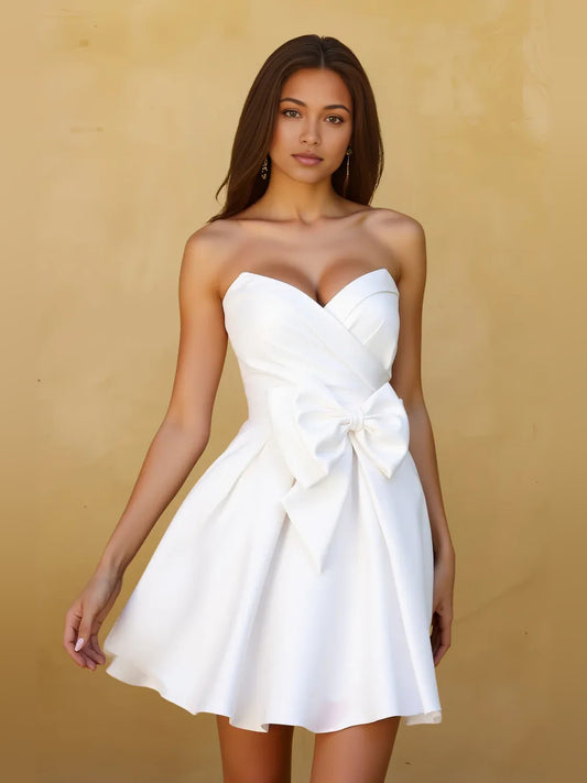 White mini homecoming dress, alternate view showing the full-length silhouette