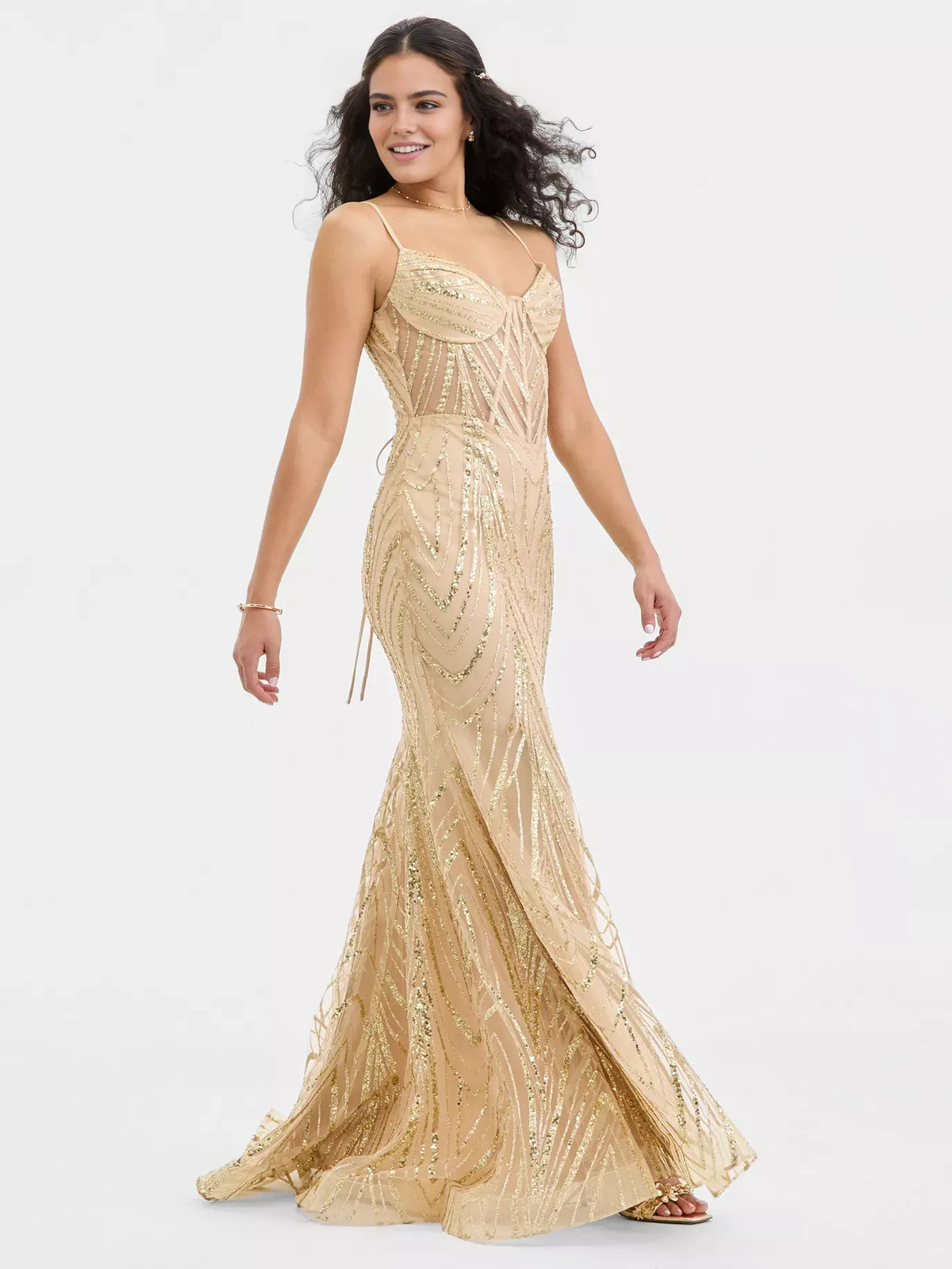 Gold maxi prom dress, front view showing the mermaid silhouette