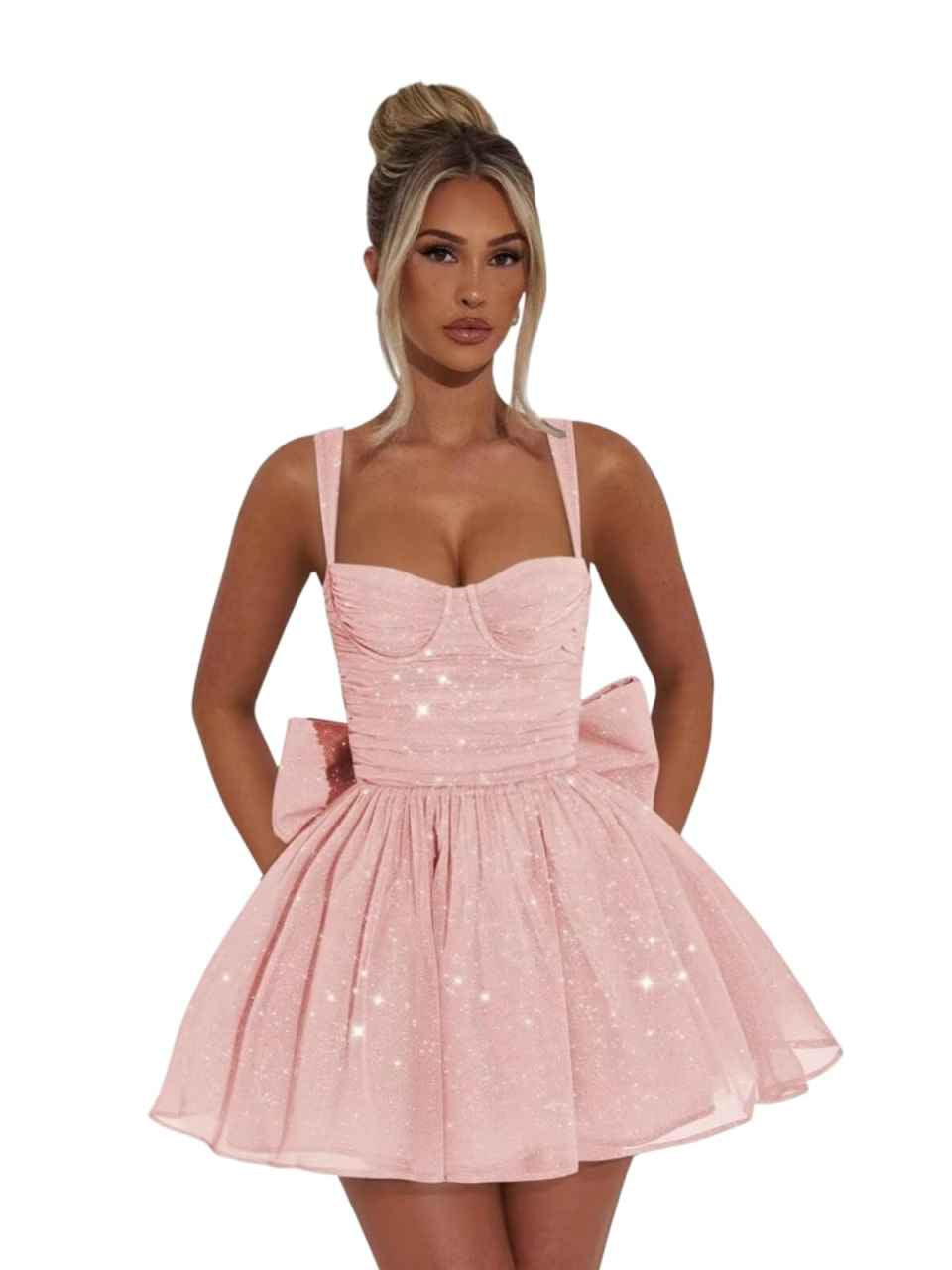 Blush Pink mini homecoming dress, alternate view showing the full-length silhouette