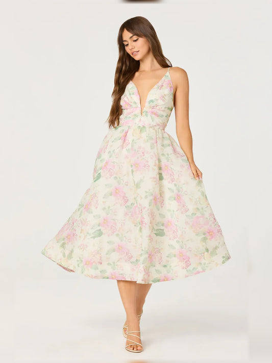 As Picture a-line midi formal dress with V-neckline, full-length front view