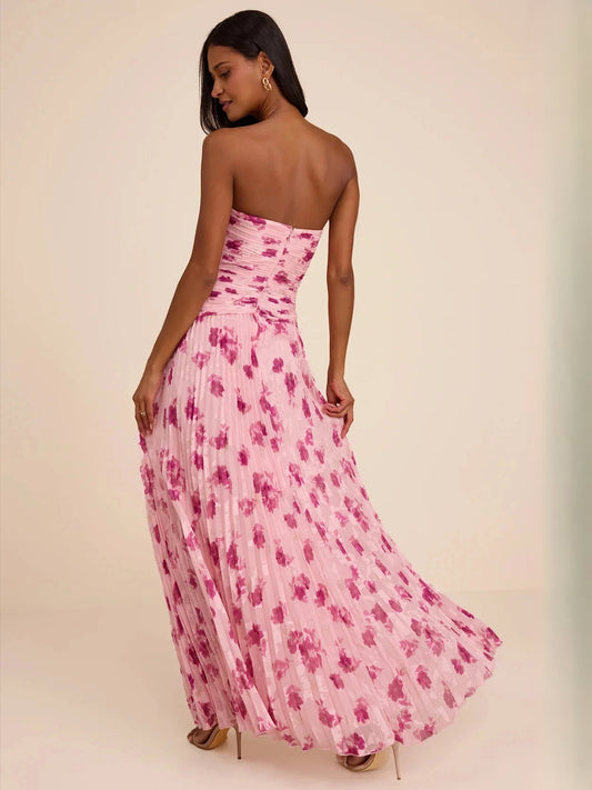 Dusty Pink maxi bridesmaid dress, front view showing the a-line silhouette