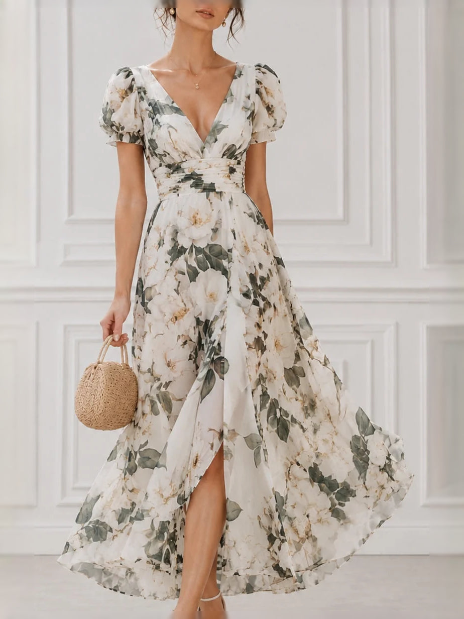 Ivory midi bridesmaid dress, front view showing the a-line silhouette
