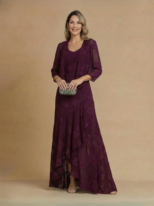 Deep Red high-low mother of the bride dress, front view showing the a-line silhouette