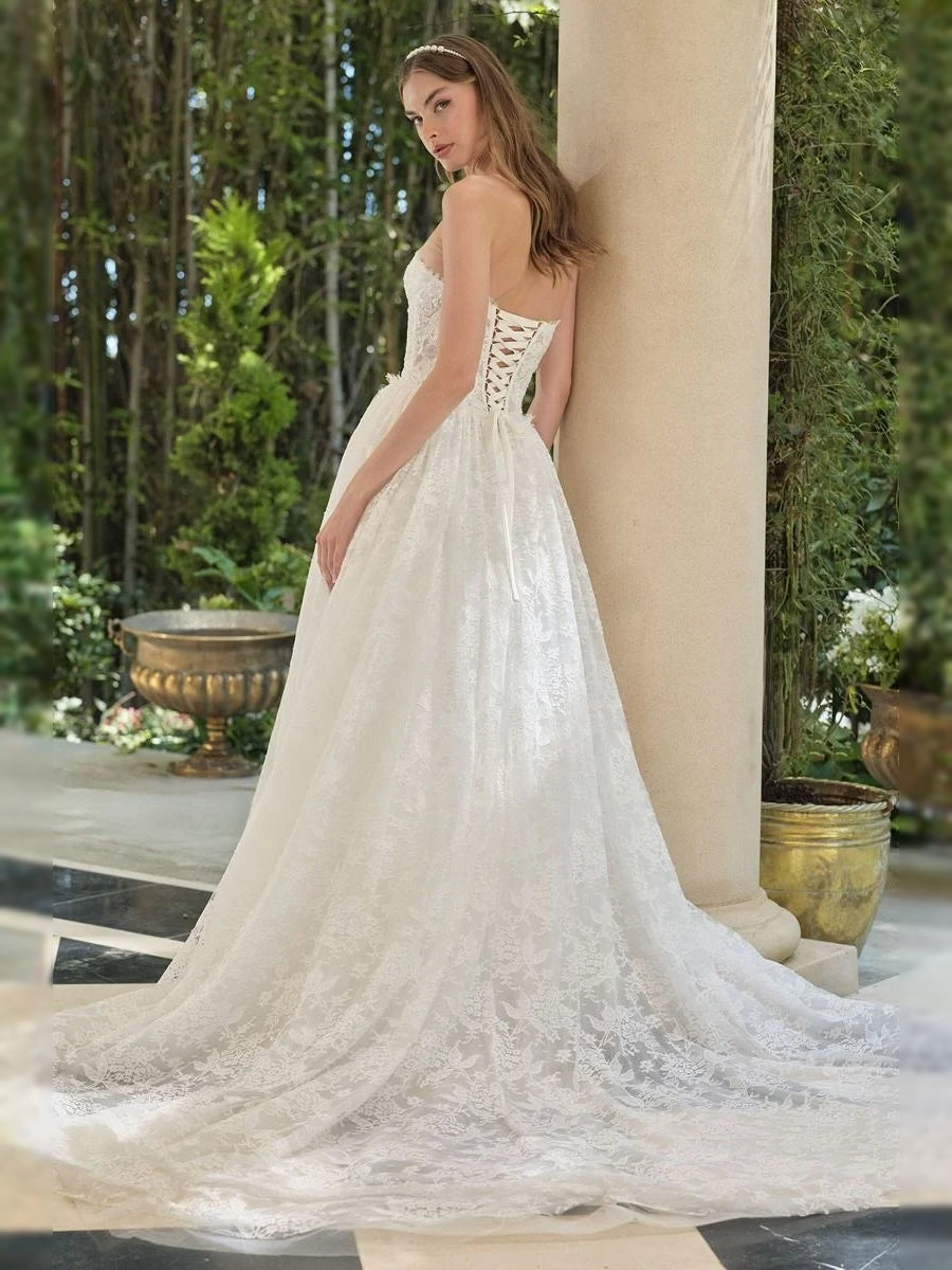 Ivory floor-length wedding dress, front view showing the a-line silhouette