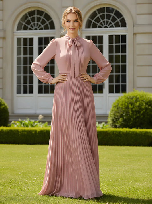 Dusty Rose a-line floor-length formal dress with pleated skirt, full-length front view