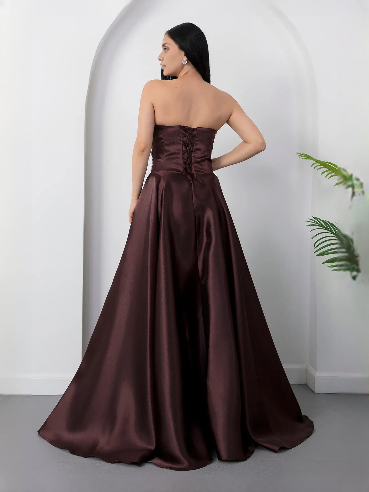Espresso floor-length prom dress, front view showing the a-line silhouette