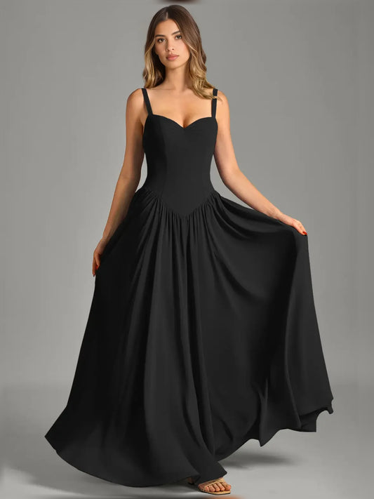 Black maxi bridesmaid dress, front view showing the a-line silhouette