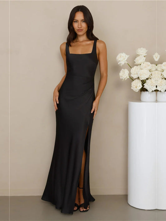 Black sheath maxi formal dress with square neckline, full-length front view