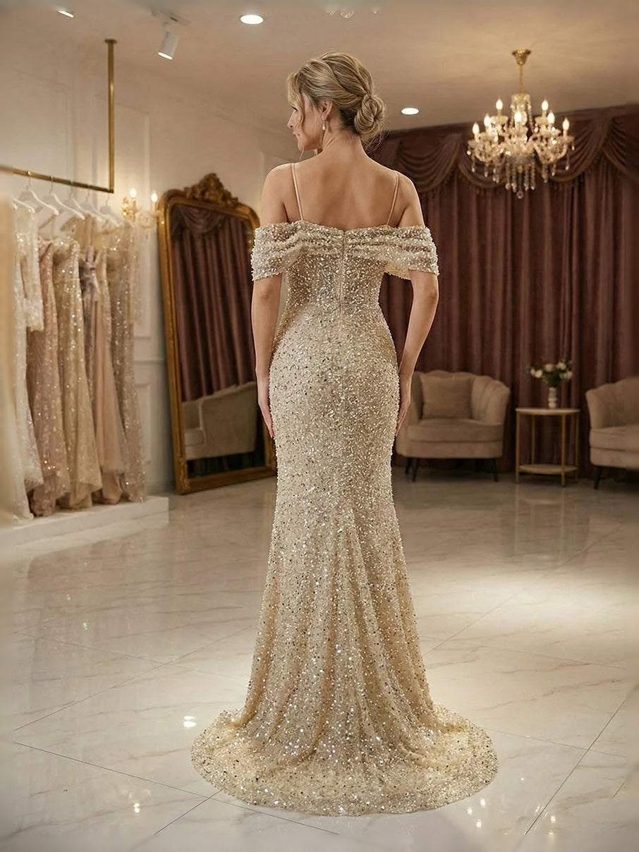 Champagne floor-length prom dress, front view showing the mermaid silhouette