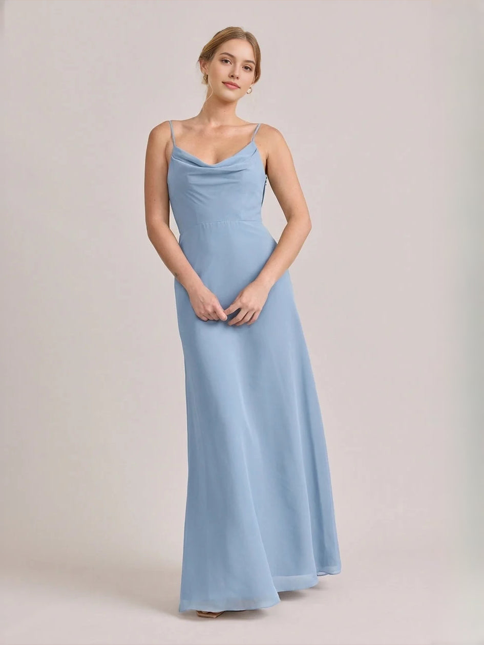 Dusty Blue maxi bridesmaid dress, front view showing the a-line silhouette