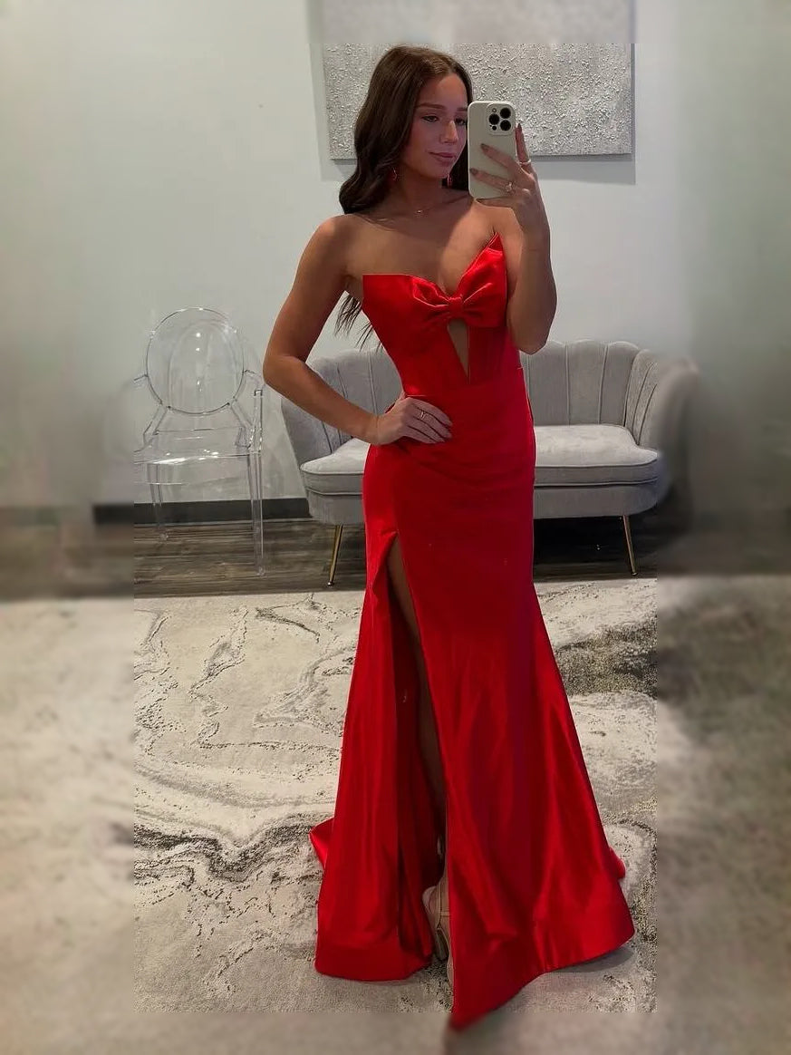 Red maxi prom dress, front view showing the mermaid silhouette