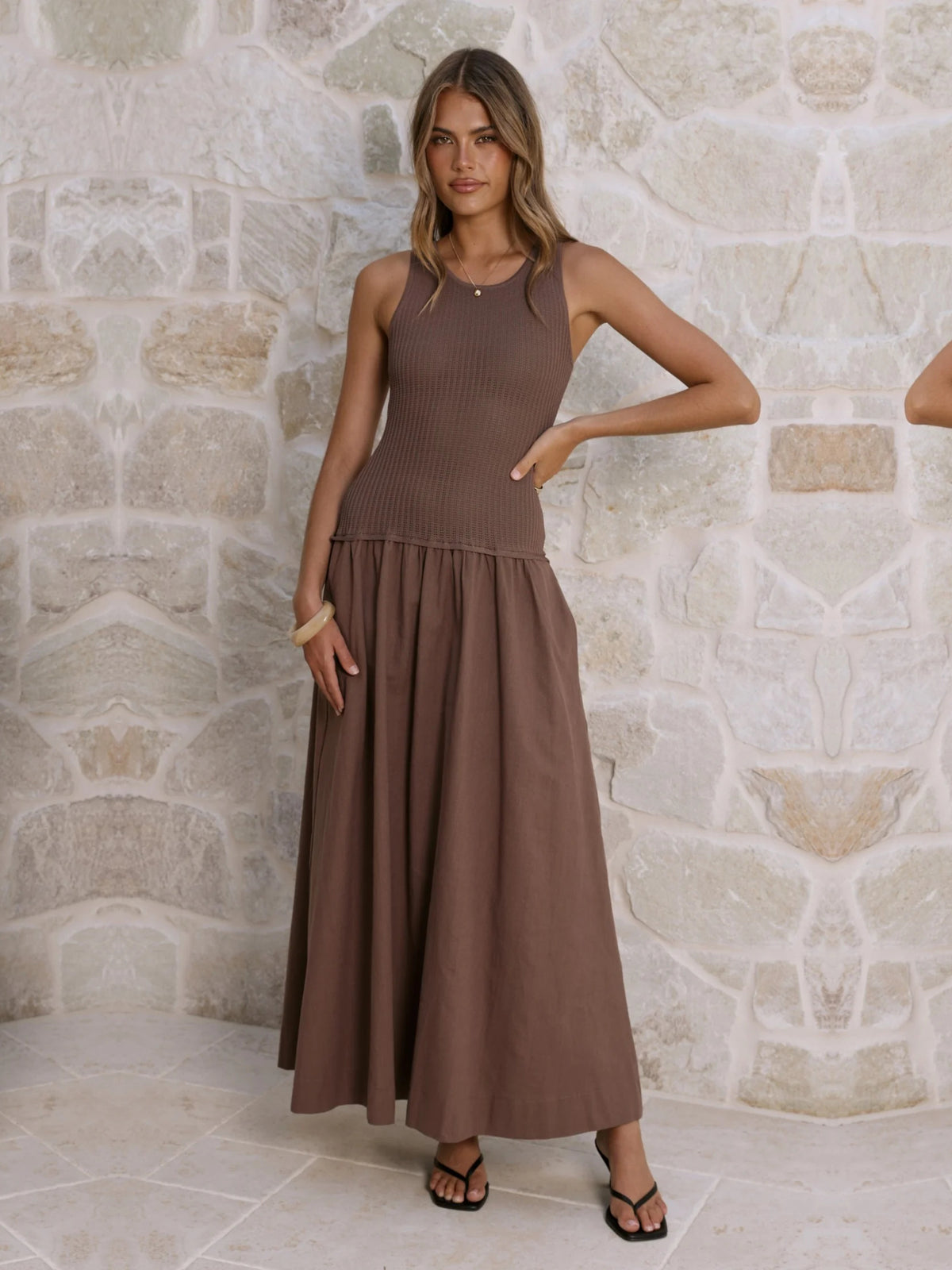 Chocolate a-line maxi formal dress with tiered skirt, full-length front view