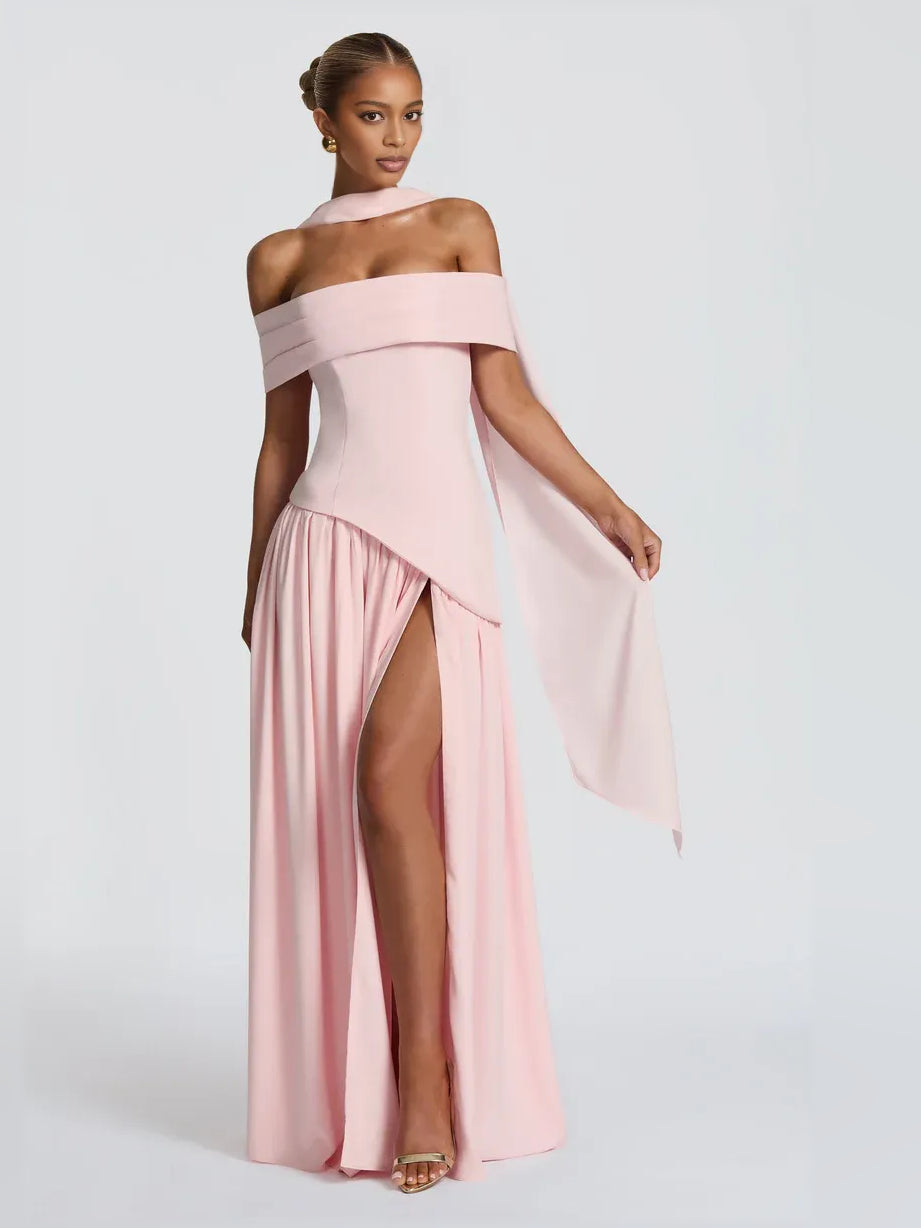 Blush Pink sheath floor-length formal dress with off-the-shoulder neckline, full-length front view
