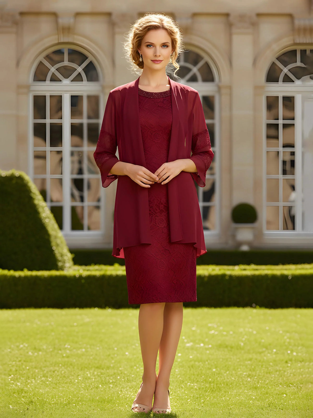 Burgundy floor-length mother of the bride dress, front view showing the sheath silhouette