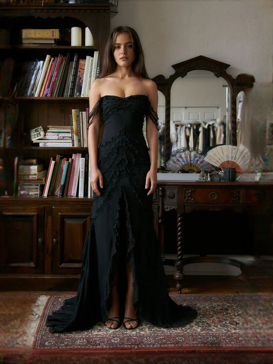Black floor-length prom dress, front view showing the mermaid silhouette