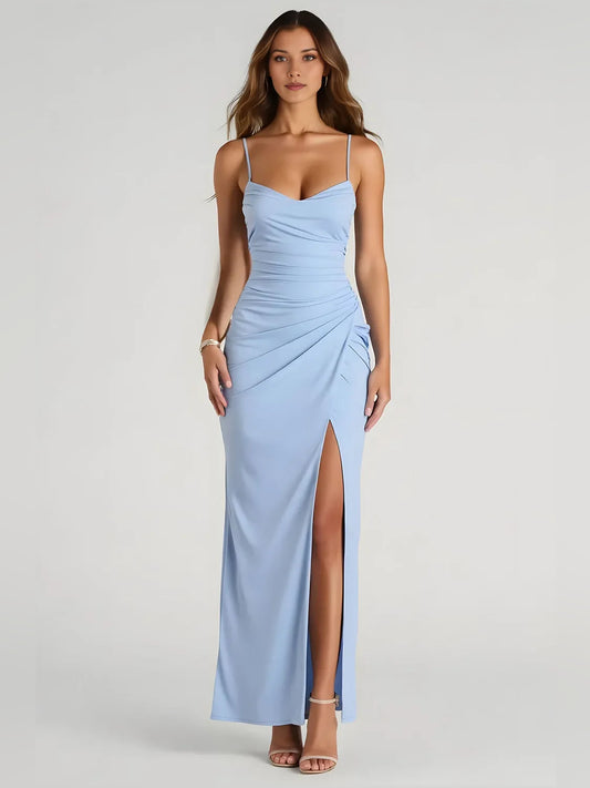 Light Blue maxi bridesmaid dress, front view showing the sheath silhouette