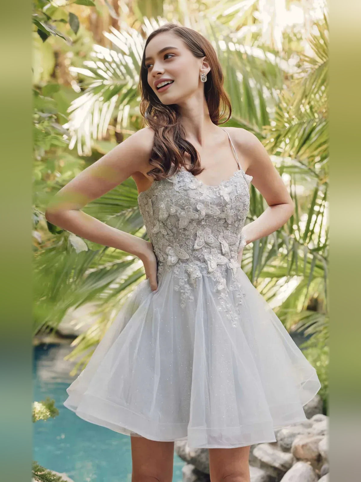 Silver mini homecoming dress, alternate view showing the full-length silhouette