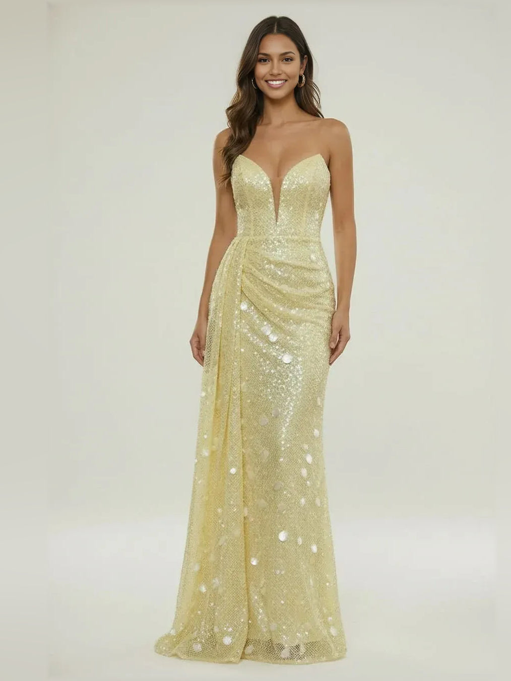 Yellow mermaid floor-length formal dress with sweetheart neckline, full-length front view